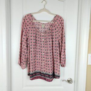 Lucky Brand Blouse Womens Size L Red Floral 100% Cotton Scoop Neck Button Up Top